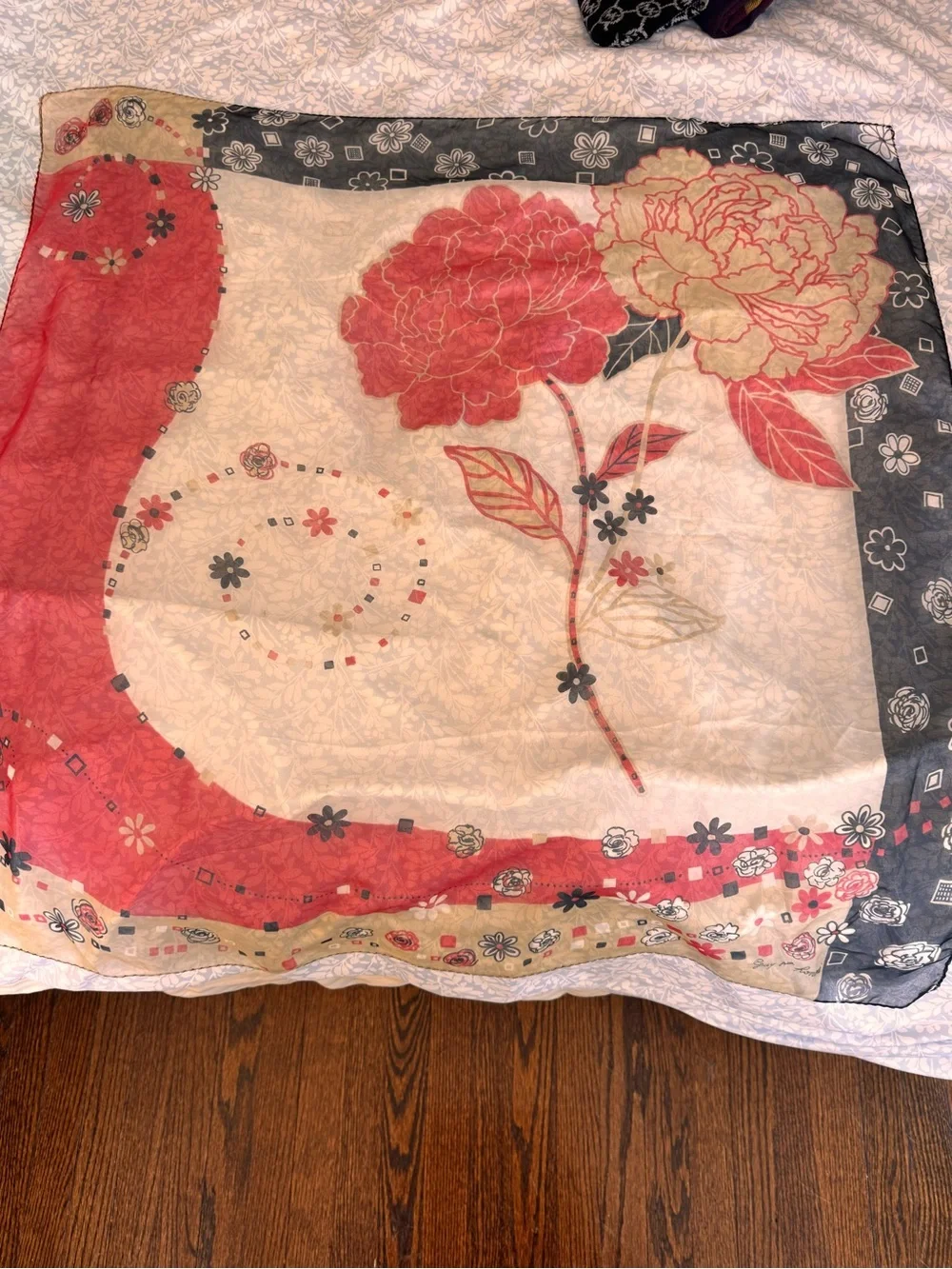 Floral Print Women's Scarf in Black, Cream & Coral.